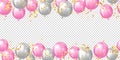 realistic helium pink and white balloons seemless border banner isolated on transparent background. gold confetti