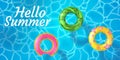 Realistic hello summer poster with pool and swimming rings. Sparkling water top view with inflatable rubber 3d ring