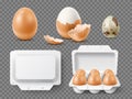 Realistic hen and quail eggs. Fresh raw and boiled natural products, whole and broken, yolk and albumen, blank cardboard