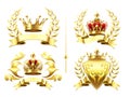 Realistic heraldic emblems. Insignia with golden crown, gold crowning medal and emblem with royal crowns on shields 3d