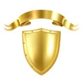 Realistic heraldic symbol. 3D golden shield and ribbon. Monarch award. Isolated medieval armor. Aristocratic template