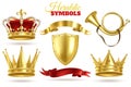 Realistic heraldic symbols. Golden crowns, king and queen gold diadem. Trumpet, shield and ribbons royal vintage vector Royalty Free Stock Photo