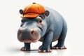 Realistic Hippopotamus isolated on a white background. A hippo in a cap. Generative AI illustration. Copying space.