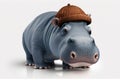 Realistic Hippopotamus isolated on a white background. A hippo in a cap. Generative AI illustration. Copying space.