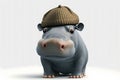 Realistic Hippopotamus isolated on a white background. A hippo in a cap. Generative AI illustration. Copying space.