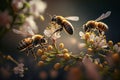 Realistic Honey Bees Collecting Pollen on Flowers, AI Generated