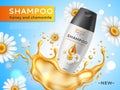 Realistic honey cosmetic poster. Natural chamomile shampoo bottle, plastic packaging, yellow splash, flying daisy