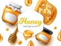 Realistic honey frame illustration. Sweet natural bee product, glass jars design packaging, wooden spoon, syrup drops