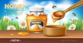 Realistic honey poster. Natural bee product, sweet floral syrup packed in glass jar, wooden spoon, healthy nutrition