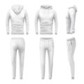 Realistic hoodies and pants mockup. Man sportswear, white hoodie and sweat pant. Male trousers template vector