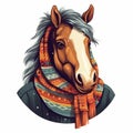 Realistic Horse Illustration With Iconographic Motifs And Warmcore Color Scheme