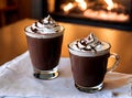 Realistic hot chocolate cozy restaurant warm lighting.