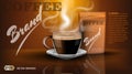 Realistic hot coffee cup and package Mockup template for branding, advertise product designs. Fresh steaming drink in a