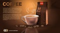 Realistic hot coffee cup and package Mockup template for branding, advertise product designs. Fresh steaming drink in a