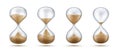 Realistic hourglass. Sand clock with glass flask and reflections isolated on white background. Vintage classic interior