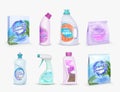 Realistic household cleaning product package with label design templates. Detergent powder in box, bleach in bottle