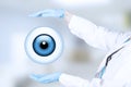 Realistic human eye with blue cornea as a round icon with protective hand gesture, female ophthalmologist, wearing white medical