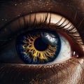 Realistic human eye with reflection of galaxy, golden iris.