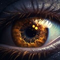 Realistic human eye with reflection of galaxy, golden iris.