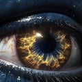 Realistic human eye with reflection of galaxy, golden iris.