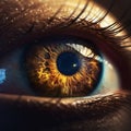 Realistic human eye with reflection of galaxy, golden iris.