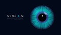 Realistic human eye, retina isolated design in blue 3d iris on a dark background. Eyeball icon vector illustration.