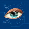 Realistic human eye scanning digital technology of future at blue infographic background Royalty Free Stock Photo