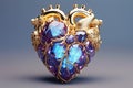 A realistic human heart made of colorful blue and purple gemstones and gold details Royalty Free Stock Photo