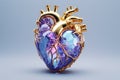 A realistic human heart made of colorful blue and purple gemstones and gold details Royalty Free Stock Photo