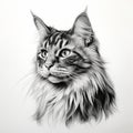 Realistic Hyper-detailed Long Haired Cat Drawing On White