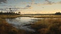 Realistic Hyper-detailed Painting Of Birds And Water Over Marsh