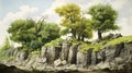 Photorealistic Rock Landscape With Trees In May