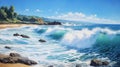 Realistic Hyper-detailed Painting Of Ocean Waves Crashing Onto Rocks