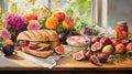 Realistic Hyper-detailed Painting Of A Sandwich With Fruits By The Window