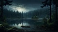 Eerily Realistic Night Scene Crescent Lake In A Forest With Boat