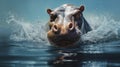 Realistic Hippopotamus Head On Water: Hyper-detailed Action Painting