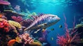 Realistic Hyper-detailed Rendering Of Large Fish Swimming Under Coral Reefs