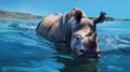 Realistic Hyper-detailed Rhino Swimming In Blue Water