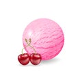 Realistic ice cream illustration. Pink ice cream ball with cherry flavor. Delicious summer dessert in 3D vector design. For