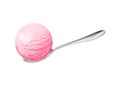 Realistic ice cream illustration. Pink ice cream ball in spoon with raspberry, cherry flavor. Delicious summer dessert in 3D