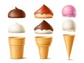 Realistic ice cream kit. Natural milk cold desserts constructor, waffle cups and cones, different balls, chocolate glaze