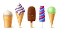 Realistic ice cream. Milk cold desserts, waffle cup and cone, popsicle stick, twisted shape summer frozen juice