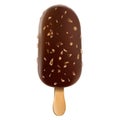 Realistic ice cream popsicle, covered chocolate coating with nuts on stick, isolated on white background. 3D vector illustration, Royalty Free Stock Photo