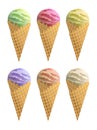 Realistic Ice Cream with Waffle Cone Set. Vector Royalty Free Stock Photo