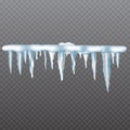 Realistic icicles with snow set on transparent background. Royalty Free Stock Photo