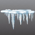 Realistic icicles with snow set on transparent background. Royalty Free Stock Photo