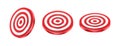 Realistic icon. Red darts target circle in side, top and half side view. Isolated on white background