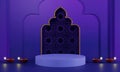 Realistic Illuminated Oil Lamps Diya With Empty Podium Against Purple Door Shape And Mandala Pattern