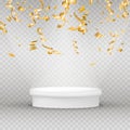 Realistic illuminated platform with gold serpentine, confetti and shine. Round pedestal for display. Winner podium. Vector