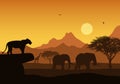 Realistic illustration of African safari with mountain landscape and trees, lion and elephant. Giraffe and flying bird. Under the